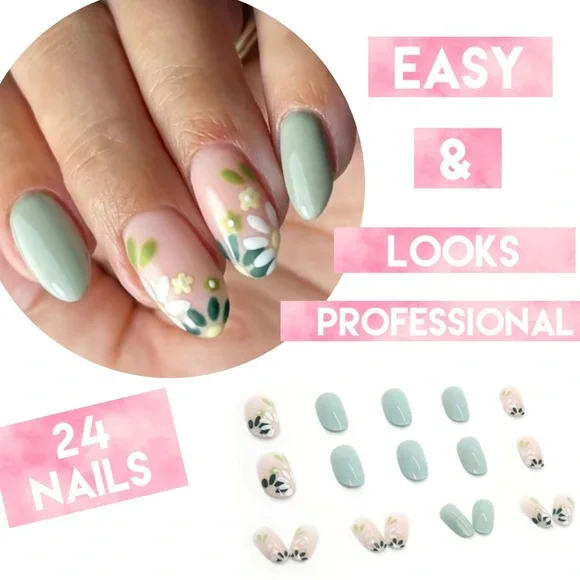 Acrylic Almond Tip Green Daisy Flower Medium Length Manicure Nails Professional - Picture 2 of 6